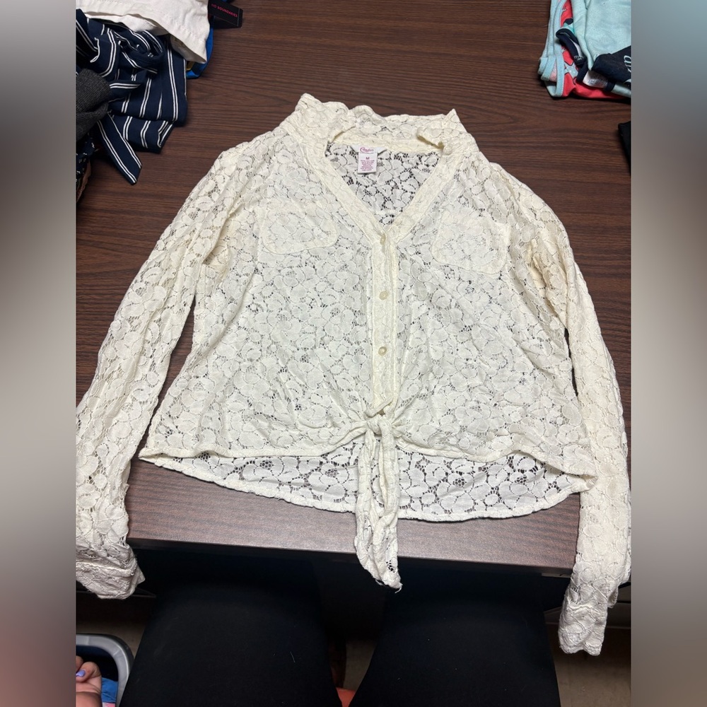 Candie's Ivory Lace Tie-Front Blouse